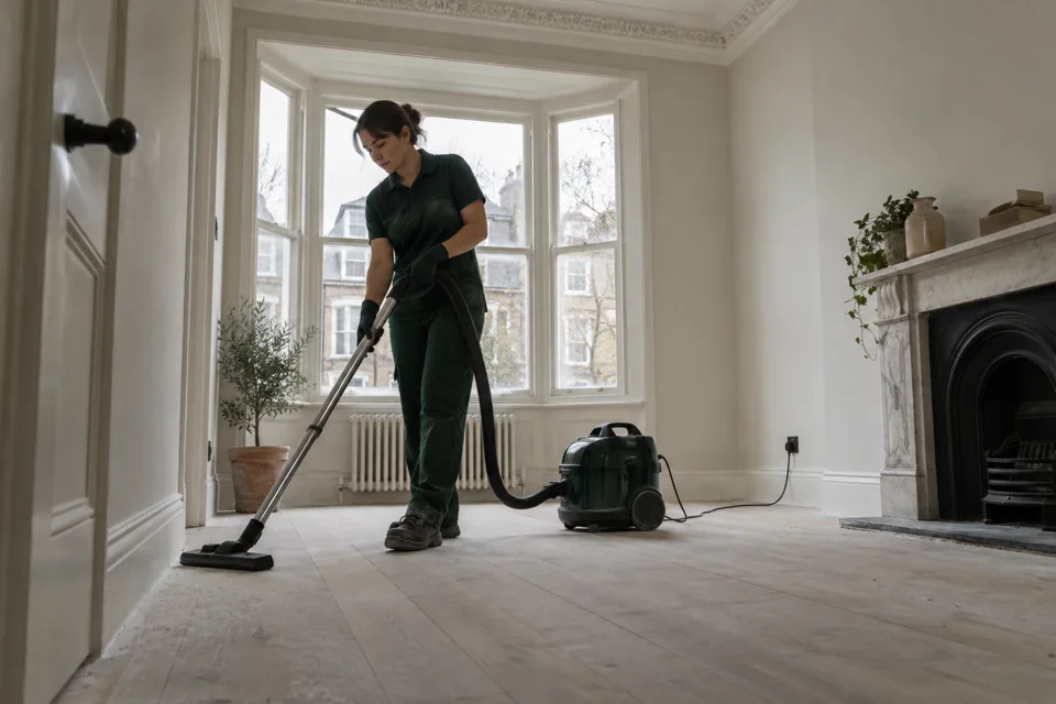 Illustration of fine renovation dust being vacuumed from a refurbished room