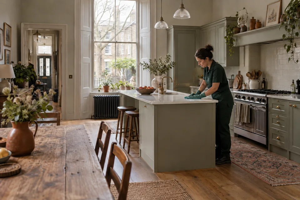 Illustration of a cleaner wiping a worktop in a London terrace kitchen