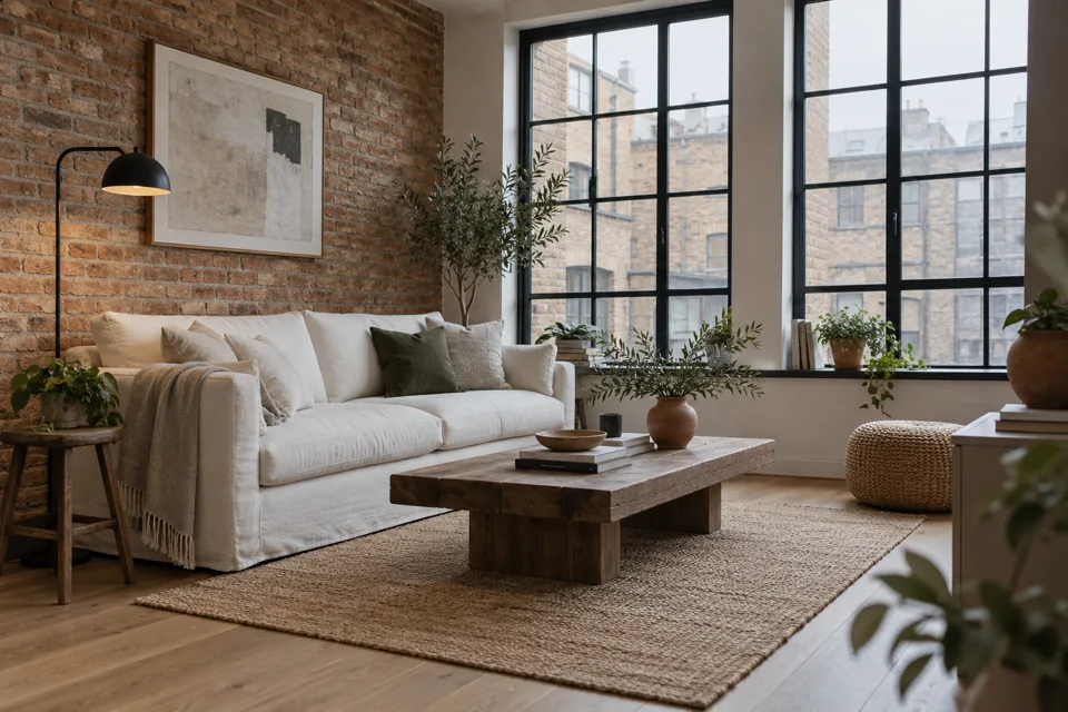 Illustration of a London warehouse-conversion sitting room with brick walls and large windows
